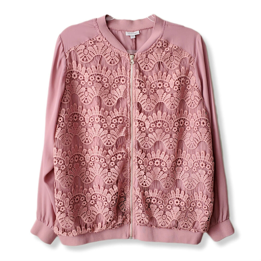 Women Pink Lace Bomber Jacket 1X Cottage Romantic Delicate Coquette Feminine